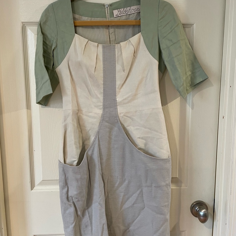 Lela Rose Green and Cream Long Sleeve Dress